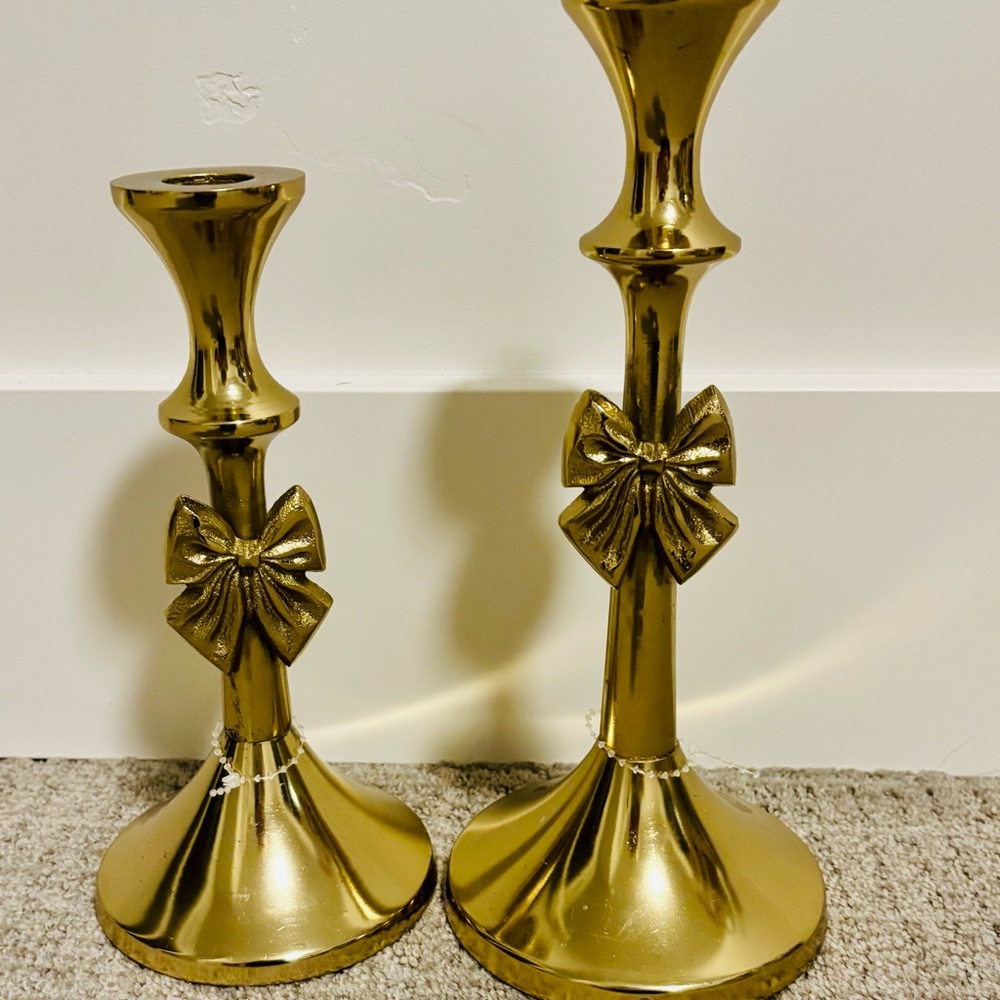 Gold Metal Bow Ribbon Taper Candlestick Holders
